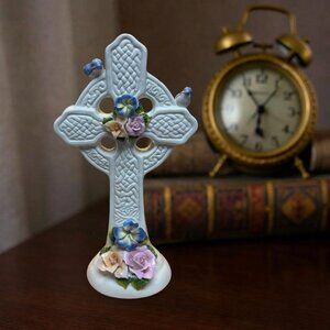 Vintage Porcelain Floral Cross with Birds, Pierced Openwork Tabletop Christian D